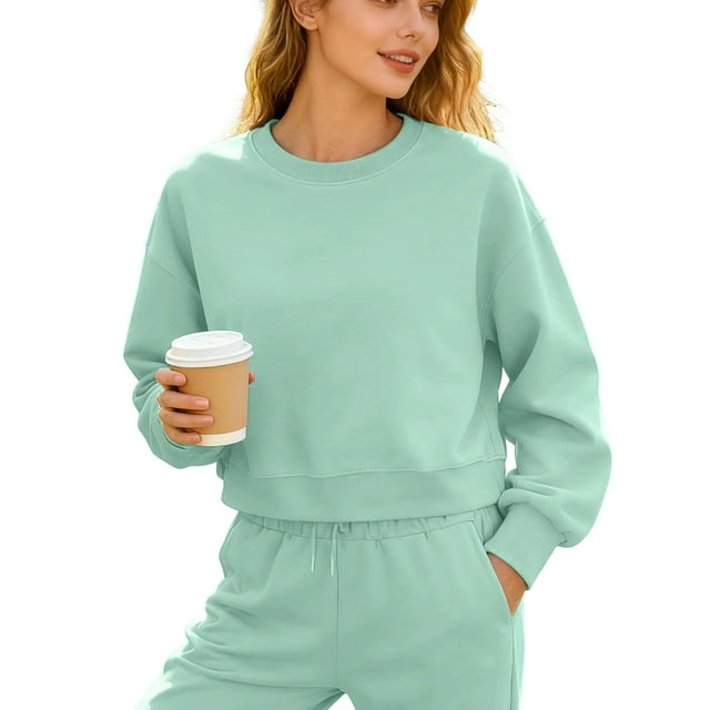HAiming Oversize Cropped Sweatshirt Casual Long Sleeve Crew Neck Pullover Tops Solid Color Trendy Clothes