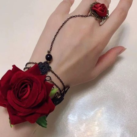 1pc Gothic Style Retro Alloy Lace Flower Link Rings Bracelets for Women Red No Sise