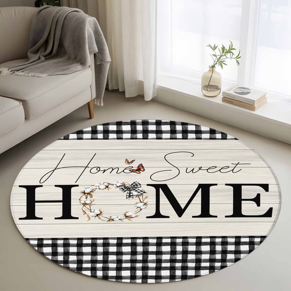 Farmhouse Home Round Area Rug 4 FT, Non Slip Indoor Outdoor Rug, Black Plaid Vintage Wood Grain Butterfly Washable Soft Circular Carpet Non-Shedding Floor Mat for Coffee Table Nursery Foyer Balcony