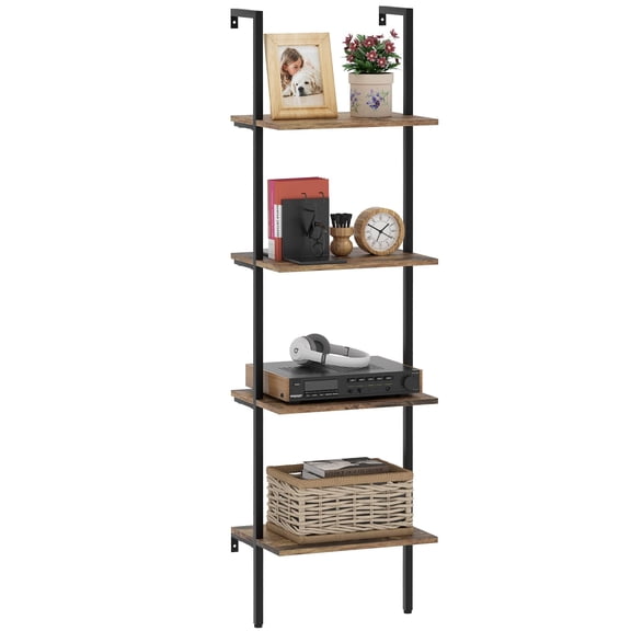 Ladder Shelf 4 Tiers Metal Industrial Bookshelf,Brown Wood Tall Open Storage Rack and Display Shelves,Wall Mount Wide Book Case for Home Office Bedroom,Small