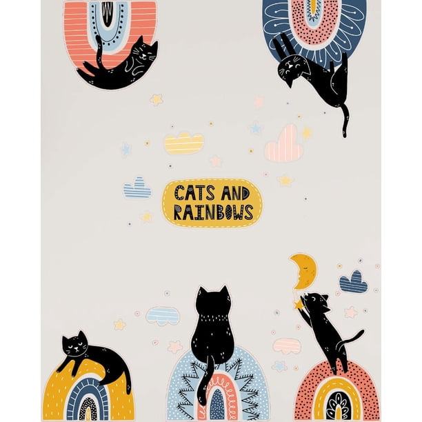 Calcomanías de pared de gatos y arcoíris de colores, gato acostado en la nube de estrellas del arco iris, pegatinas de pared extraíbles para pegar y despegar, vinilo DIY, decoración de arcoíris bohem JAMW Sencillez