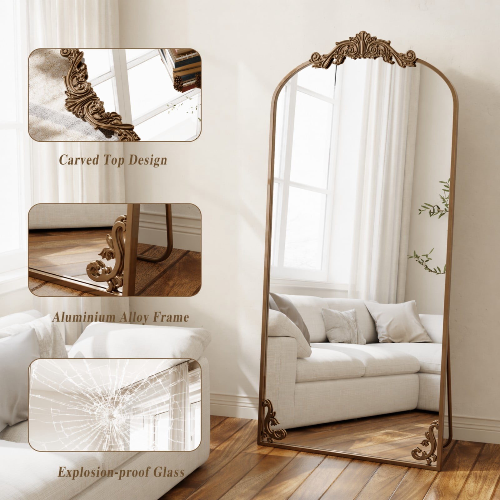 AUROMIR 71"x 32" Arched Floor Mirror Full Length Mirror Baroque Vintage Mirror with Carved Frame, Antique Bronze