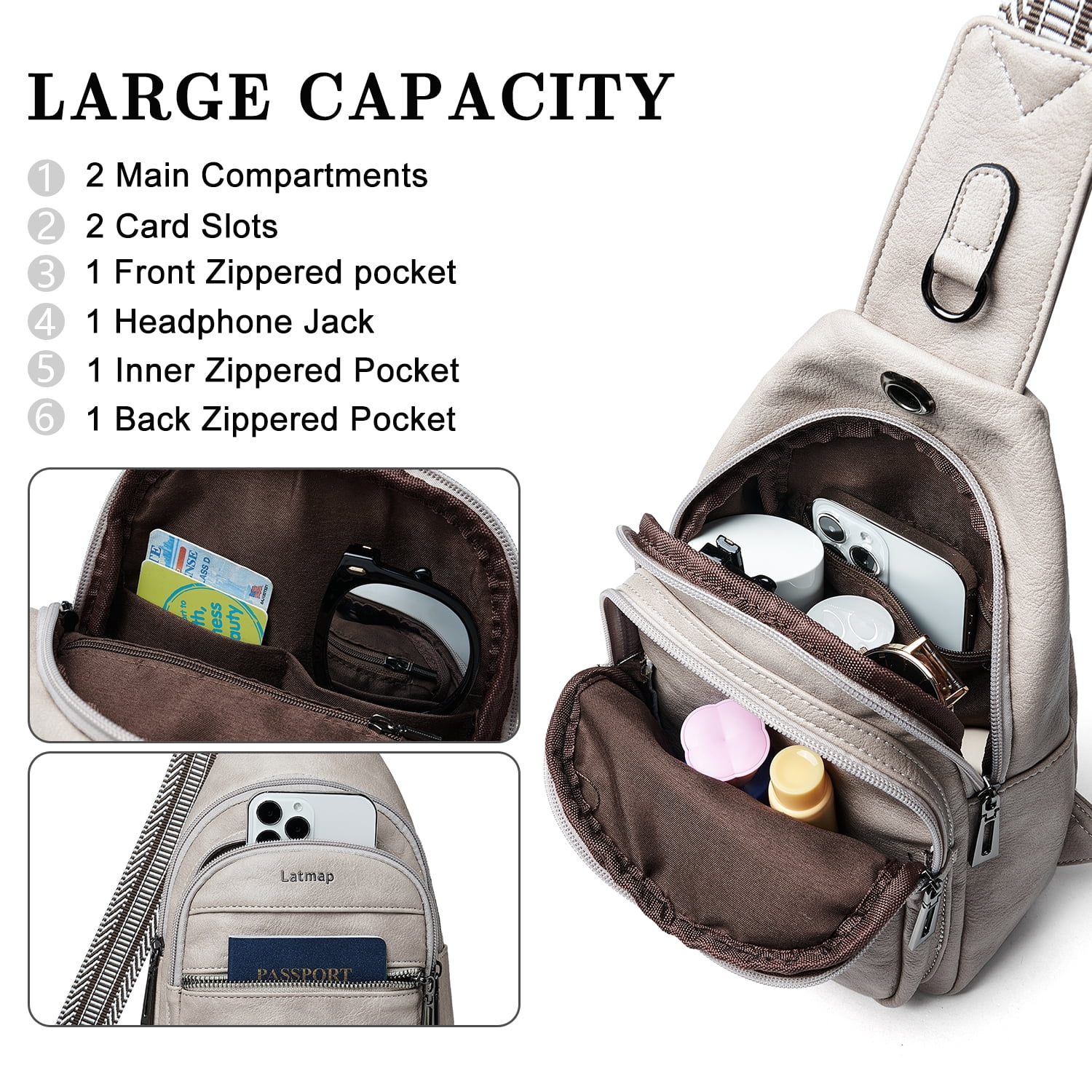 LATMAP 7L Sling Bag for Women, Faux Leather Crossbody Fanny Pack - Lightweight Chest Bag for Travel, Hiking & Shopping