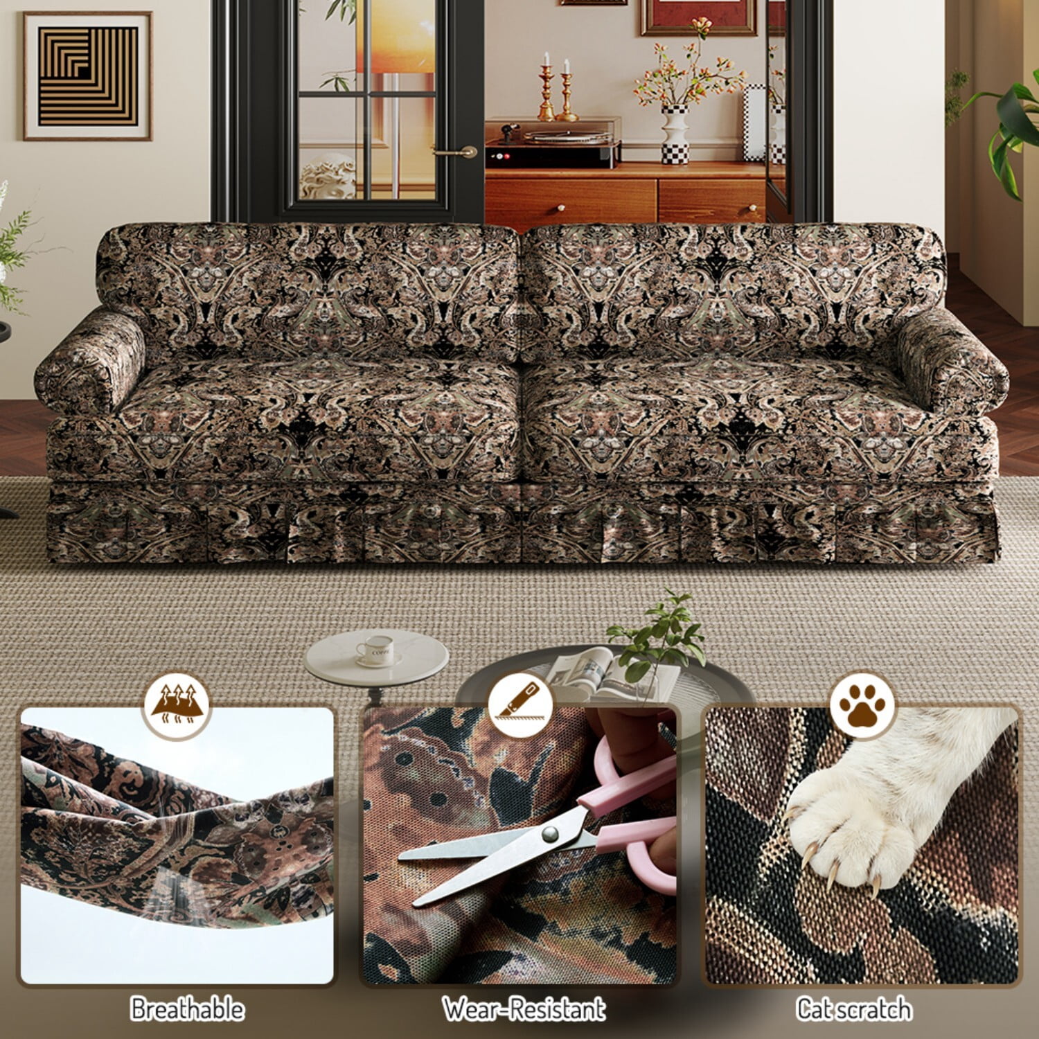 Avobird 93.7" Comfortable Cloud Couches, Oxford Fabric, Extra Deep Seat Mid Century Sofa for Apartment/Office, Black Floral
