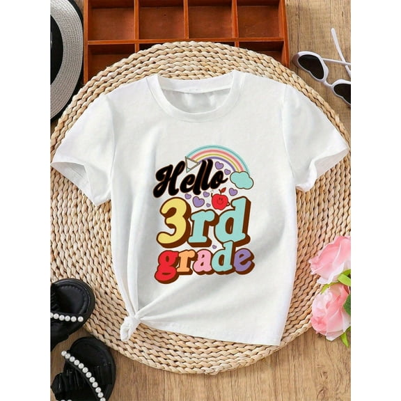 1pc Girls' "Hello 3rd Grade" Colorful Print T-Shirt - Soft Cotton, Crew Neck, Short Sleeve, Stretchy & Machine Washable - Ideal For Spring, Summer, Fall Back To School, Youngsters Casual Wear