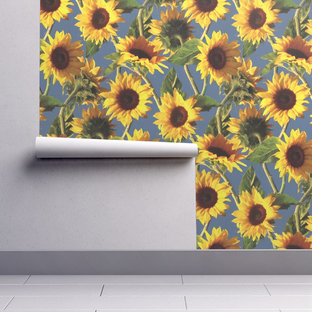 Peel-and-Stick Removable Wallpaper Sunflower Blue Yellow Retro Painting - Walmart.com
