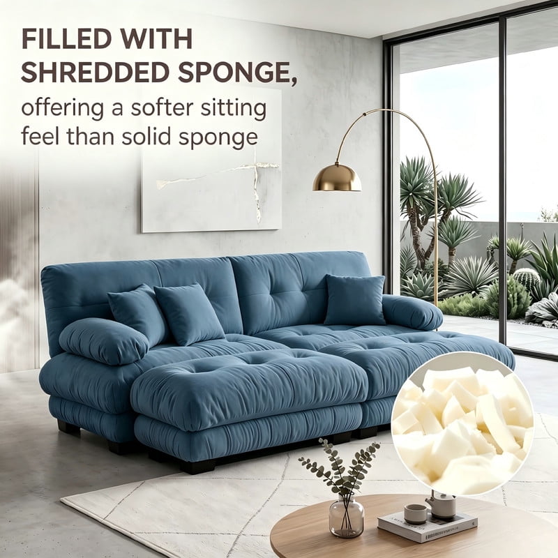 ANPPORT Cloud Couch Sleeper Sofa, Chenille Blue 2-Seater Modular Sofa with 2 Ottomans, 2 Lumbar pillows, 2 Pillows, Comfy Deep Seat Cloud Sofa, Convertible L-Shaped Floor Couch for Living Room