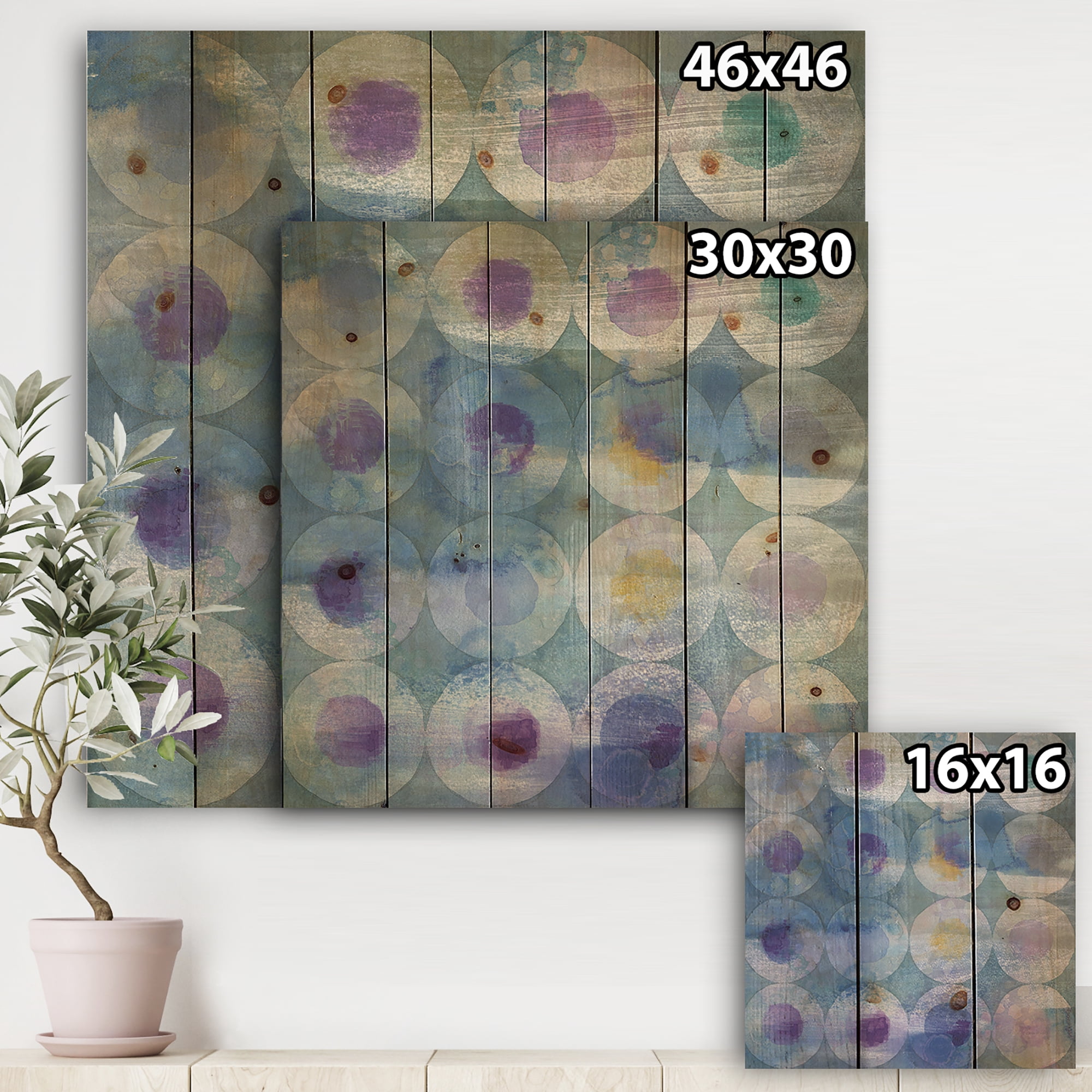 Designart 'Watercolor Geometrical Circles I' Mid-Century Modern Print on Natural Pine Wood