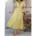 thumbnail image 2 of Women Summer Casual Midi Dress Puff Sleeve V Neck Ruched Button Front Split Boho Beach Vacation Wedding Dresses 2025 Yellow L, 2 of 8