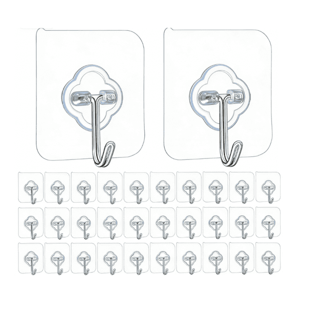 Pack de 32 Ganchos Adhesivos Transparentes de Acero Inoxidable y PC para Pared Baño y Cocina Reutilizables y Resistentes al Óxido