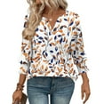 thumbnail image 4 of HOMBOM Blue Women T Shirts Fall 3/4 Sleeve V-Neck Vacation Puff Sleeve New arrivals Leaf Shirt, 4 of 6