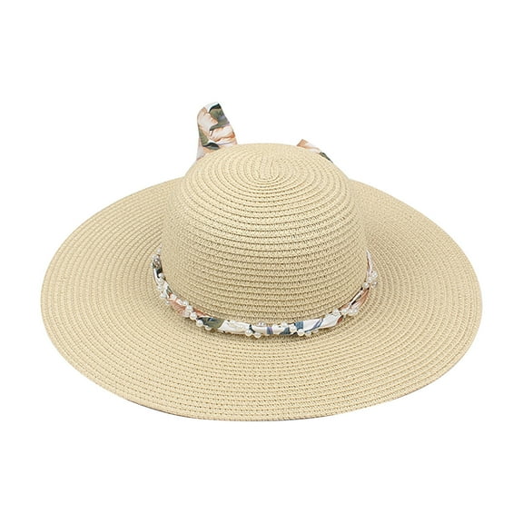 Fesfesfes Womens Straw Hat with Beading Band Bowknot Floppy Foldable Roll Up Beach Cap Sun Hat