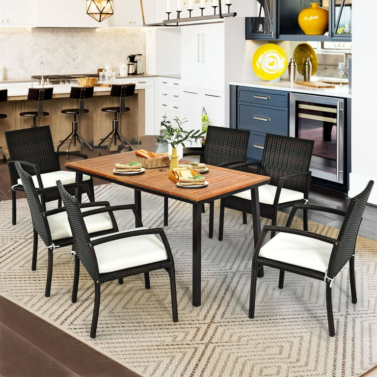 Gymax Rectangle Patio Outdoor Dining Table Acacia Wood Tabletop