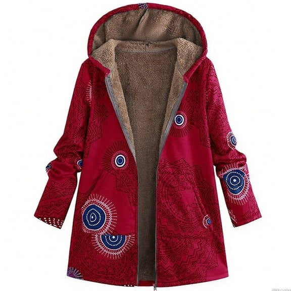 QQAMB Women's Winter Coat Ethnic Style Patchwork Sherpa Fleece Lined Hooded Jacket Plus Size Fluffy Warm Outwear with Pockets Red S