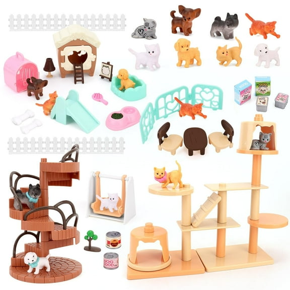 iTOYiFUN 67 PCS Cat and Dog Pet Figurine Playset, Pretend Play Toy for Kids Creative DIY Realistic Detailed, Educational Gift for Kids, Toddlers, Boys and Girls