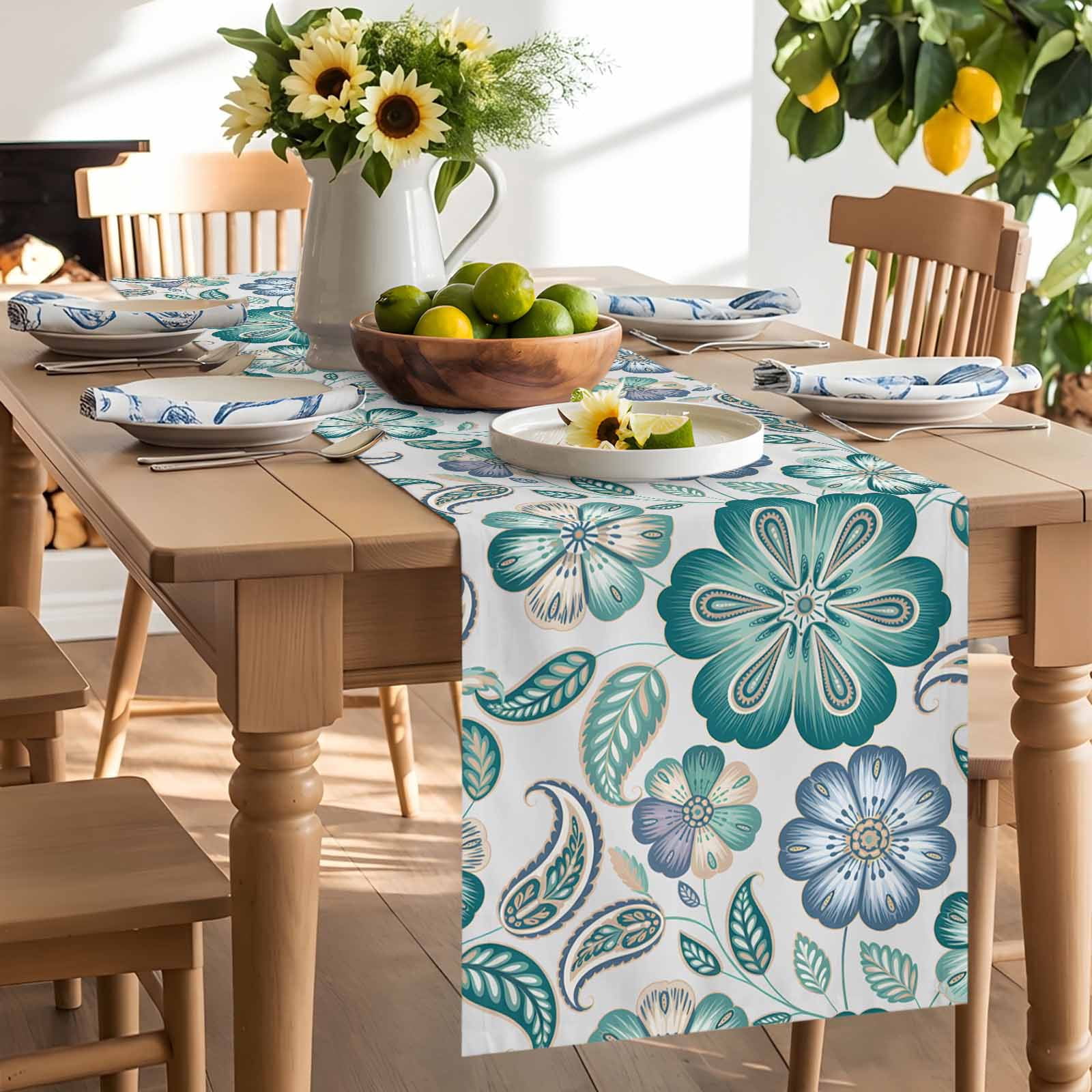 Abstract Ombre Ethnic Flower Table Runner 90 Inches Long, Traditional Blossom Floral Table Runners Tabletop Scarf Kitchen Dining Tables Decoration for Home Party Indoor Outdoor