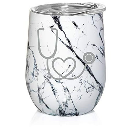 

12 oz Double Wall Vacuum Insulated Stainless Steel Marble Stemless Wine Tumbler Glass Coffee Travel Mug With Lid Heart Stethoscope Nurse Doctor (Black White Marble)