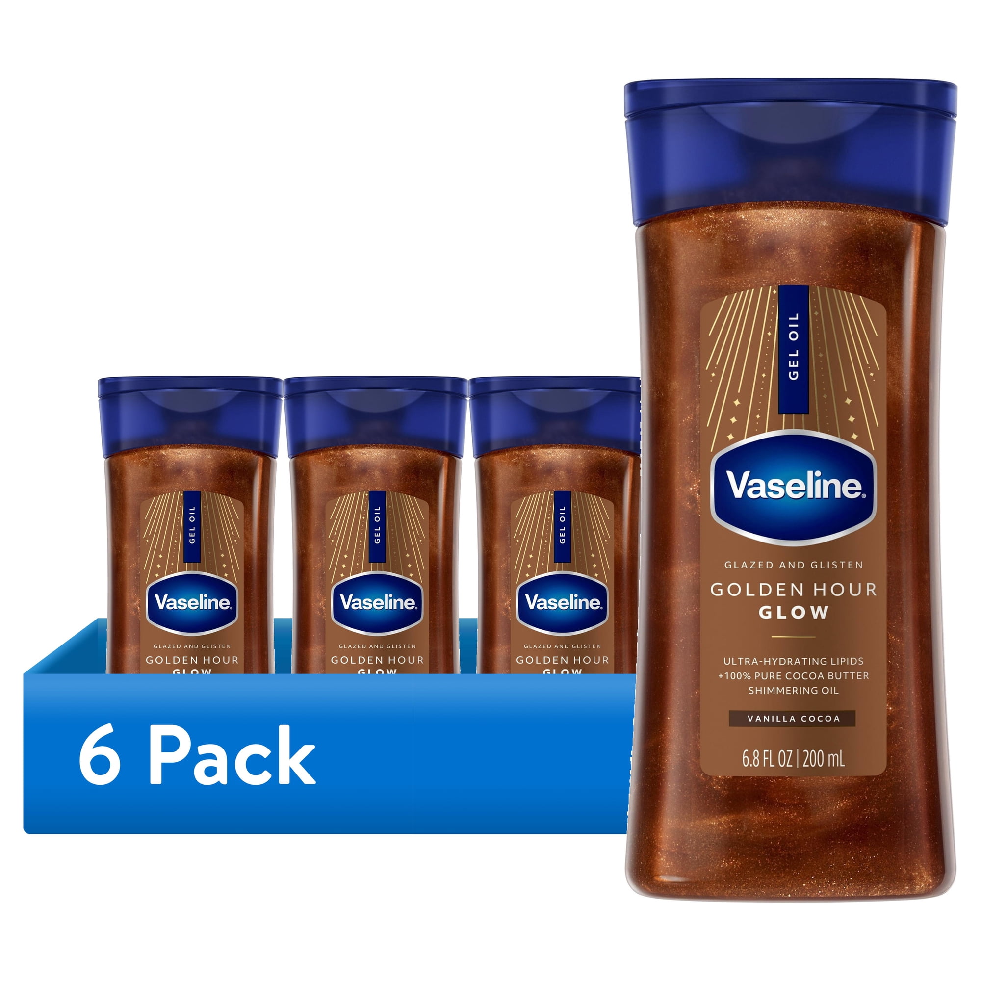 (6 pack) Vaseline Glazed and Glisten Golden Hour Glow Vanilla Cocoa Shimmering Body Gel Oil with Ultra-Hydrating Lipids and 100% Pure Cocoa Butter, 6.8 fl oz