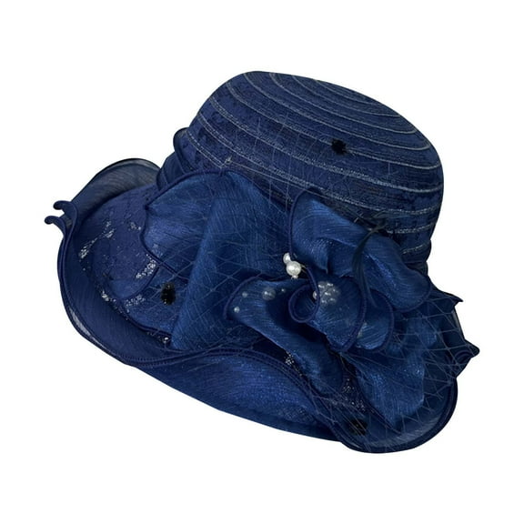 YAYUBA Lady's French Chapeau: Summer Sun Hat With Floral Embellishments Wide Brim Netted & Beach Suitable,Navy