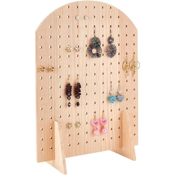 16.6x11.8 inch Wooden Pegboard Display Stand 158 Holes Wood Retail Rack Pegboard Holder Board Neutral Earring Display Stands Keychain Organizer Necklace Holder for Jewelry Craft Shows PeachPuff