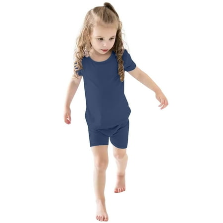 Rggeeun Toddler Girls Outfit Sets Solid Color Short Sleeve Crew Neck Knit Top & Elastic Waist Relaxed Fit Shorts for Summer Travel Party Trendy Wear Blue 6-12 Months