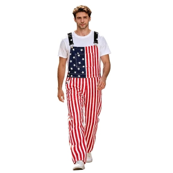 Fortwear Men's USA American Flag Denim Overalls, 250th Anniversary Patriotic Bib Coveralls, Red, White, and Blue Star-Striped Long Jumpsuit for an Independence Day Party