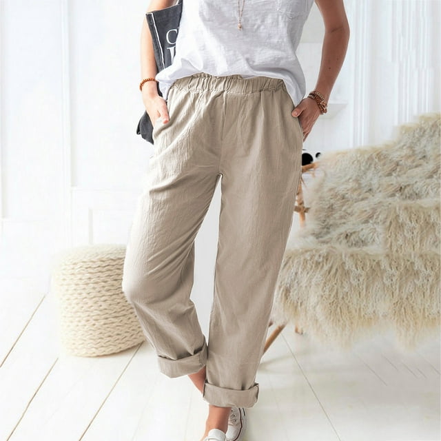 Mikilon Women Casual Solid Color Pockets Elastic Waist Comfortable Straight Pants
