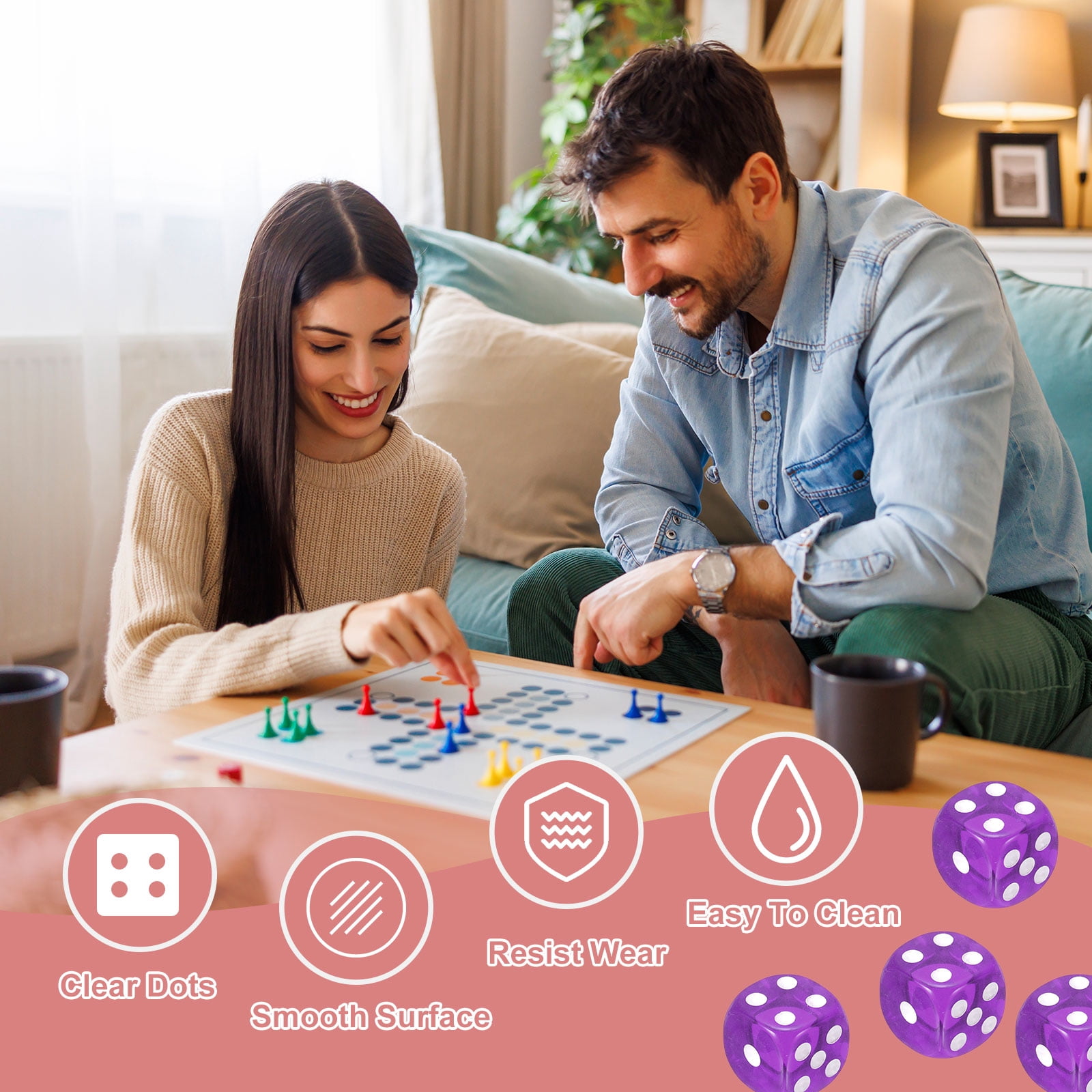 50Pack 6 Sided Acrylic Dice, 16mm/0.63" Rounded Corner Translucent Colored D6 Game Dice for Theme Party Fun Table Board Games, Purple
