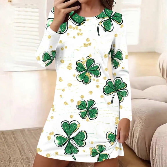 QUNYINEY Nightgowns for Women Plus Size Long Sleeve Cotton St Patricks Day House Dress Knee Length Comfy Crew Neck Women Sleepwear