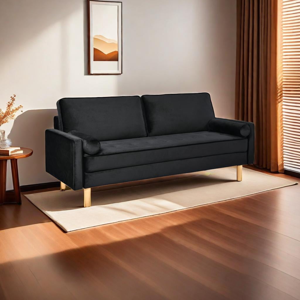 70" Modern Velvet Loveseat Sofa Couch,Mid-Century Tufted Upholstered Small Love Seat Couch with 2 Pillows for Compact Space,Living Room,Apartment,Black