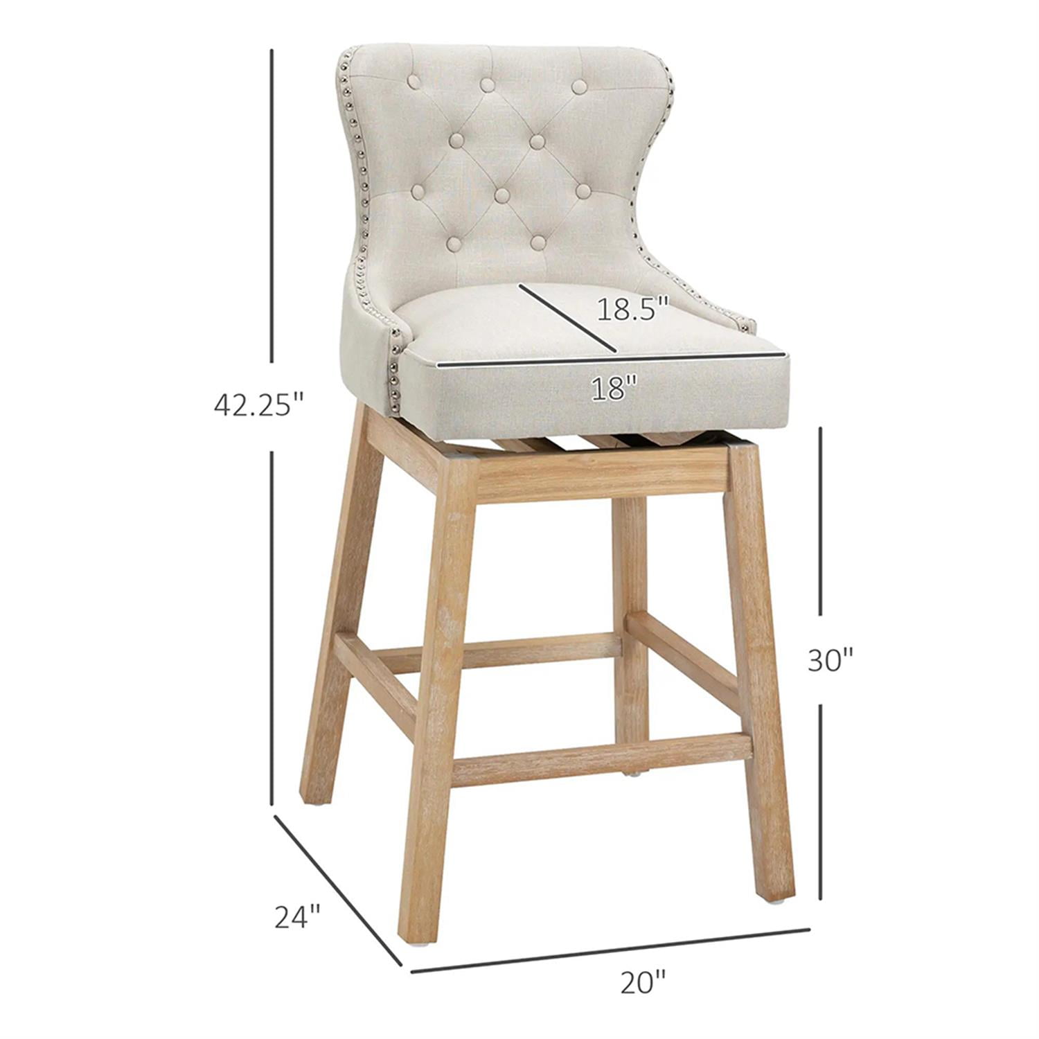 Demi Bonn Modern Memory Swivel Bar Stool Set of 2, Cushioned Bar 30" Seat Height Stool with Tufted Back, Nailhead-Trim and Solid Wood Legs, White