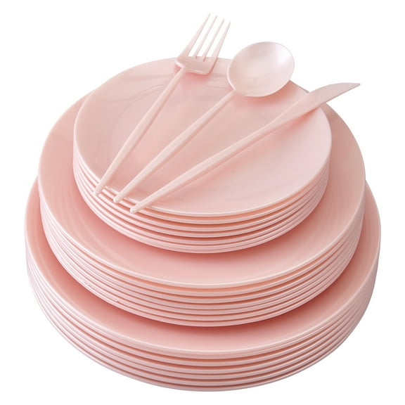 PARTY DISPOSABLE DINNERWARE SET | 156 pc | 20 Dinner Plates | 20 Salad Plates | 20 Dessert Plates | 48 Forks | 24 Spoons | 24 Knives (Opulence - Blush)