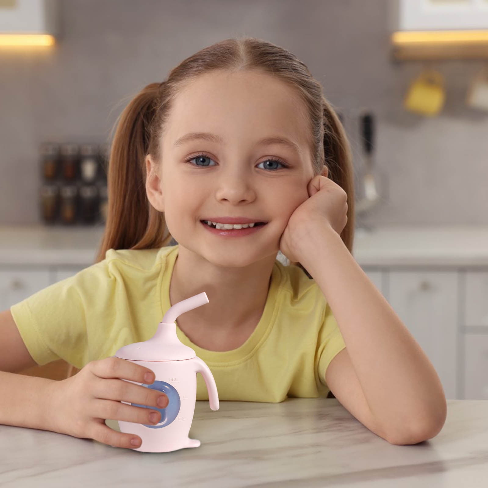 Weloille Silicone Children's Straw Cup Infant Learning Drink Cup with Handle Food Grade Infant Water Cup