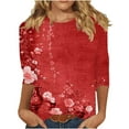 thumbnail image 5 of LYEAA Women Casual 3/4 Sleeve T-Shirt Floral Print Round Neck Loose Fit Summer Top Breathable Cotton Comfortable Daily Wear Blouse for Outdoor Activities Red S, 5 of 5
