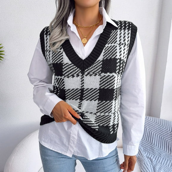 OKBOP Christmas Sweater,Women‘s V-neck Contrasting Plaid Knitted Sweater Casual Fashion Sleeveless Vest Jacket Winter Coat Tops Womens Cardigan