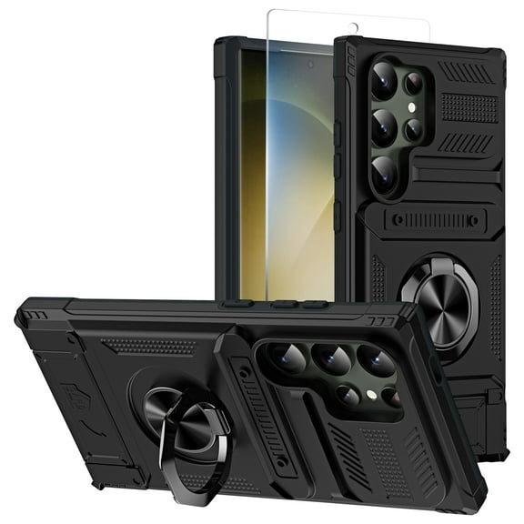 Allytechgroup Galaxy S25 Ultra Case with Screen Protector, Military Grade Shockproof [2 Cards Slot] Ring Holder Kickstand Compatible with Car Mount Bumper Phone Case for Samsung Galaxy S25 Ultra,Black