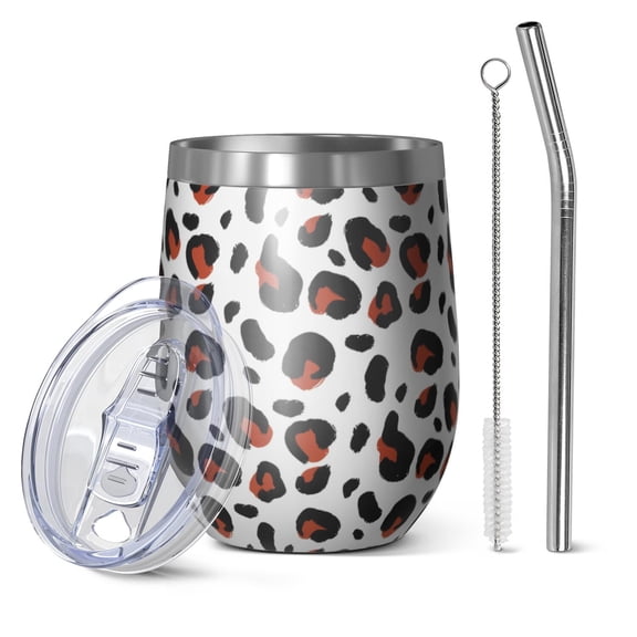 Leopard Print 12oz Stainless Steel Insulated Wine Tumbler with Lid and Straw – Double Wall Vacuum Mug for Hot & Cold Drinks, 304 Steel Interior, Sweat-Free Design