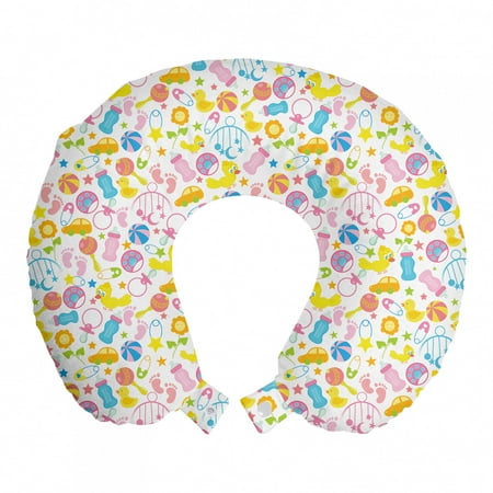 Baby Travel Pillow Neck Rest, Assortment of Infant Items Toys Footprints Milk Bottles Flower Arrangement Design, Memory Foam Traveling Accessory Airplane and Car, 12", Multicolor, by Ambesonne