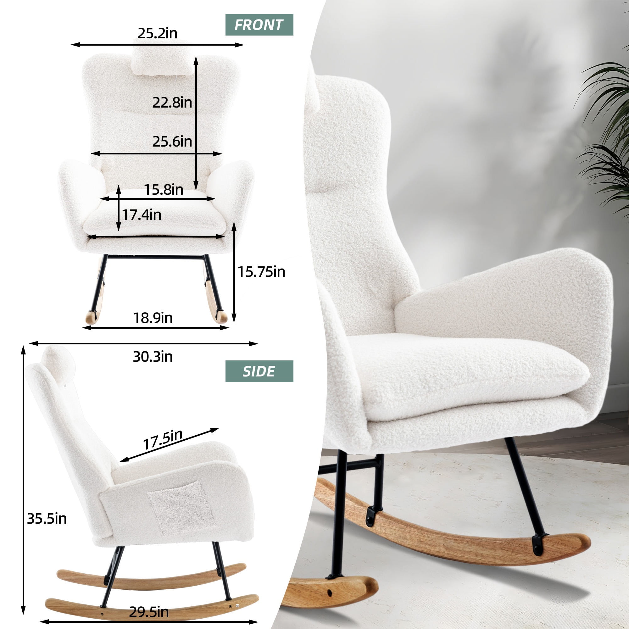 PAPROOS Modern Teddy Fabric Rocking Chair, Accent Rocker Chair with High Backrest for Nursery, Accent Glider Rocker for Living Room Bedroom Playroom, White