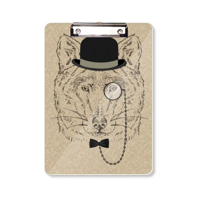 Estilo británico suave Wolf con sombrero pajarita de cristal patron animal ilustración Portapapeles Carpeta de escritura Placa de soporte A4