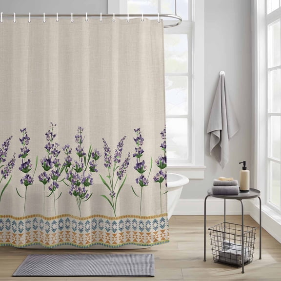 Bathroom Shower Curtain Purple Lavender Floral Summer Flower Boho Style Waterproof Shower Curtains with Hooks, Blue Lattice on Linen Bath Curtains Bathtub Curtain Home Decor 36x72in