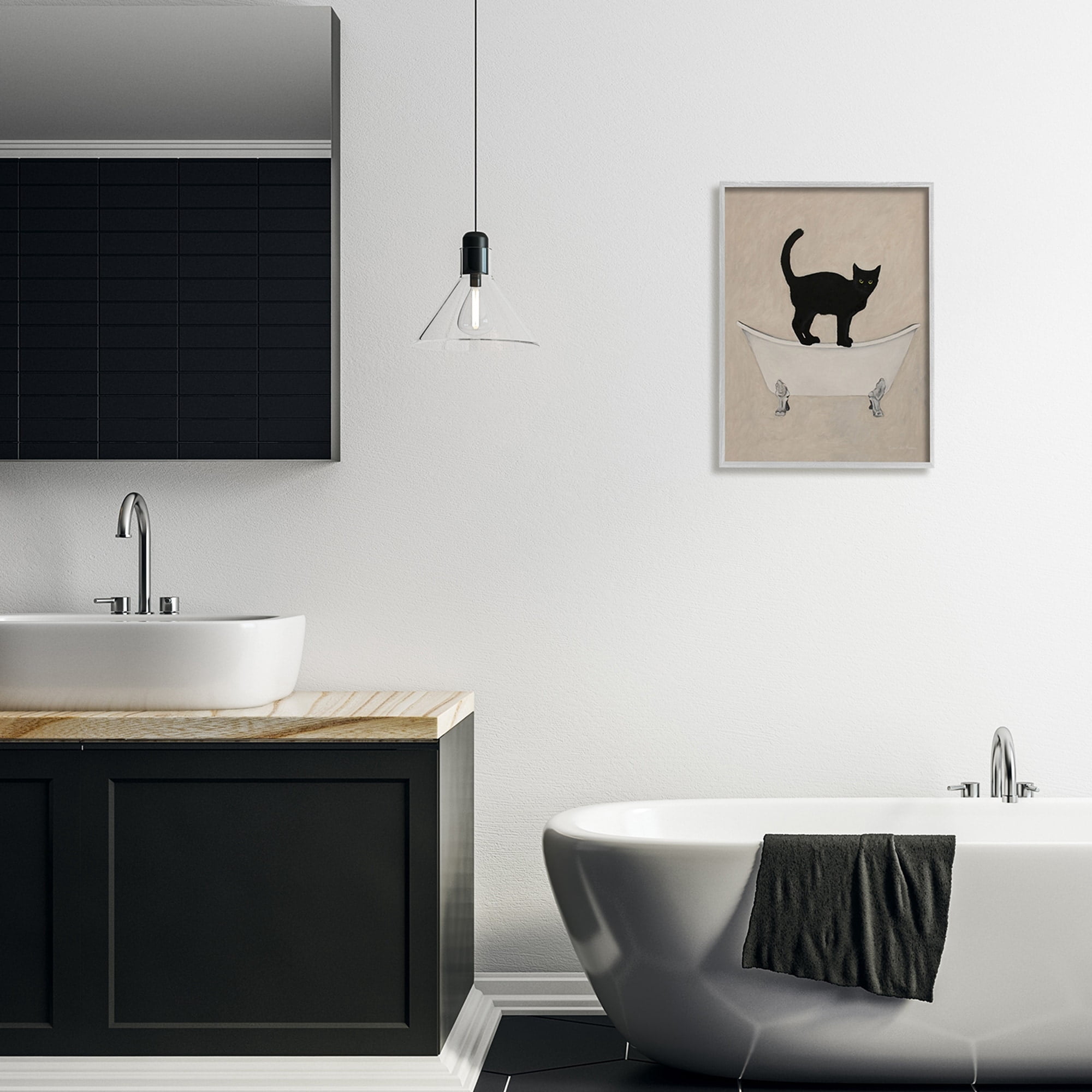 Black Cat Simple Claw Foot Bathtub Bathroom Painting Gray Framed Giclee Art, 16 x 20, Made In