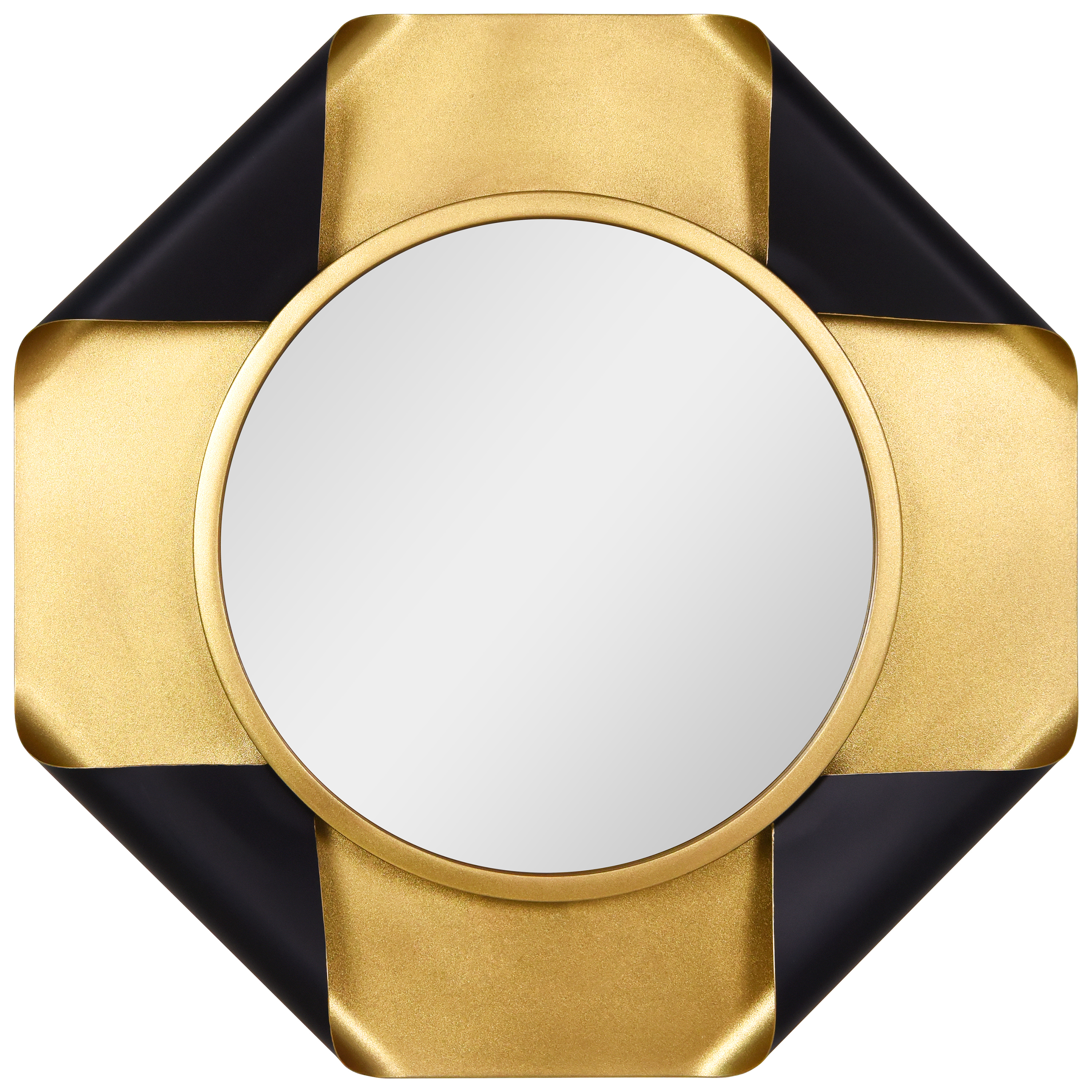 Round Wall Mirror on Gold Foiled Octagon with Curled Metal Frame