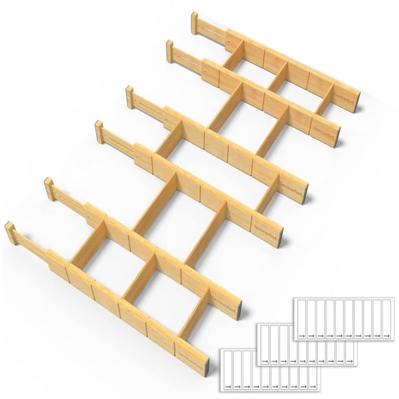 SpaceAid Separadores de cajones de bambú con inserciones y etiquetas, organizadores de cajones ajustables para cocina, organización expandible para el hogar, oficina, aparadores y baño, 6 divisores co
