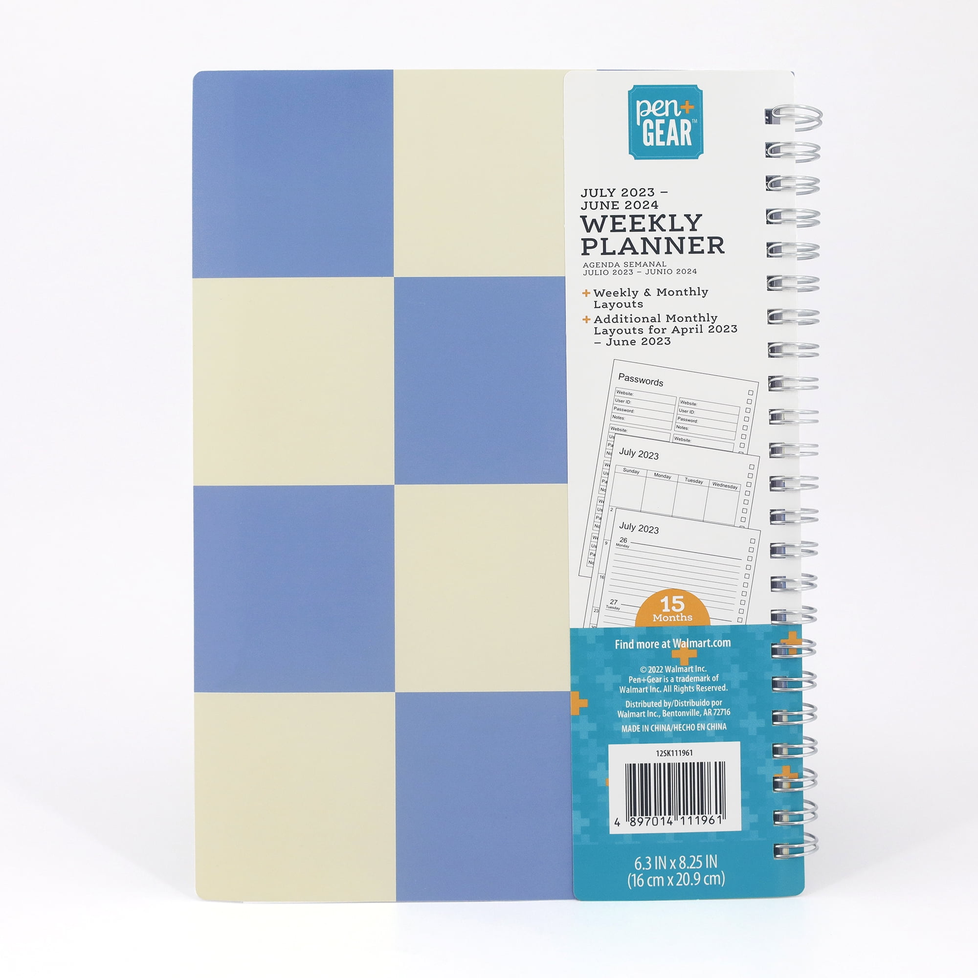 Pen + Gear Monthly Weekly Planner, Blue & Cream Checkered Poly Cover, Medium, Twin Wire Bound