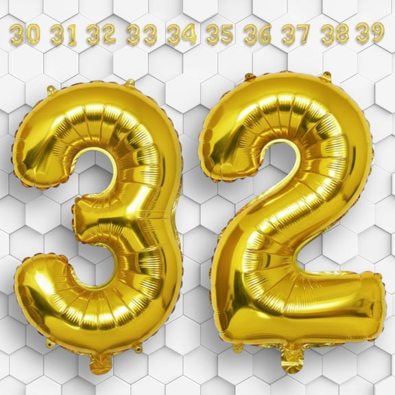 Gold Number 32 Mylar Foil Balloon 32" - Helium or Air Inflatable Metallic Balloons for 32nd Happy Birthday Party, Anniversary, Graduation Decorations