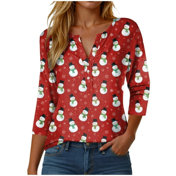 larppty Christmas Shirt Women 3/4 Length Sleeve Button Down Christmas Vacation Tops Dressy Blouses Winter Outfits (Red, M)