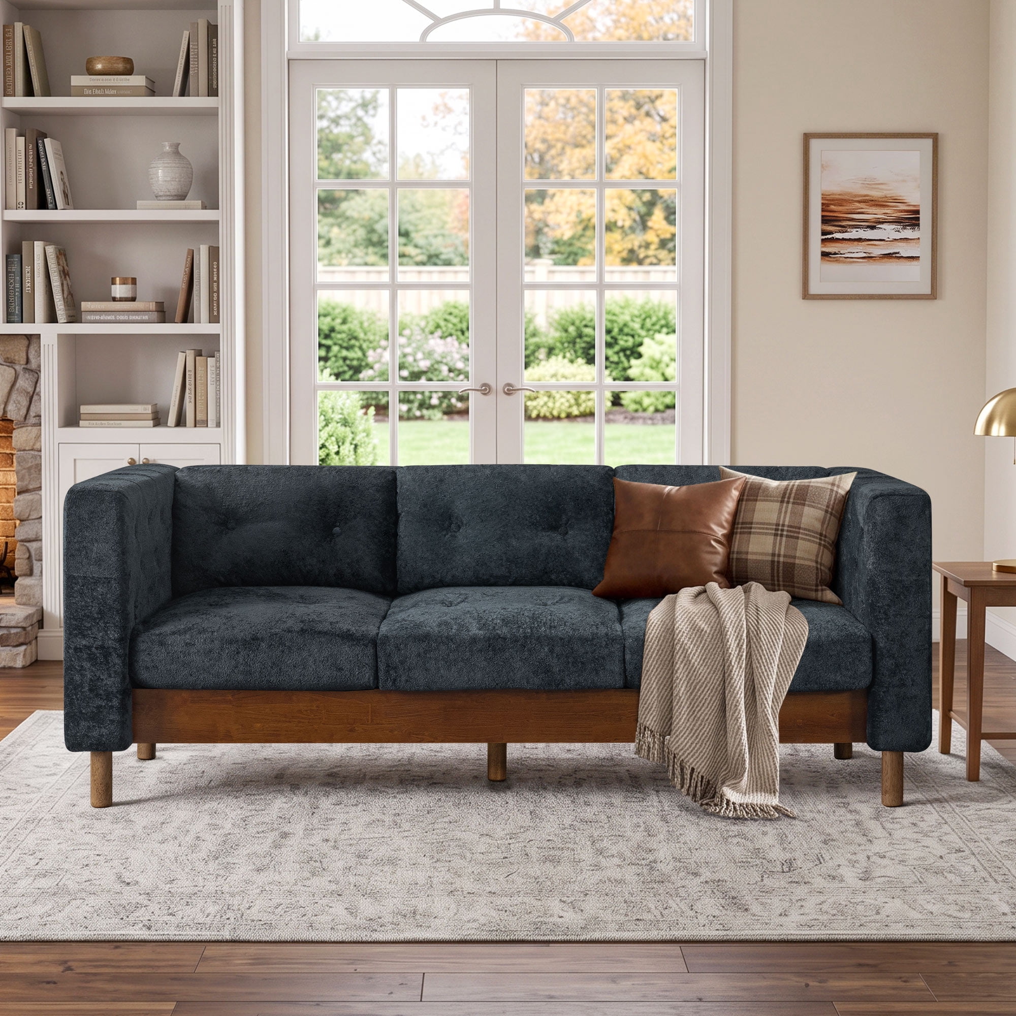 Lunale 78" Chenille 3-Seater Sofa, Modern Mid‑Century Upholstered Couch for Living Room, Apt., Tufted Design & Wood Legs, Blue