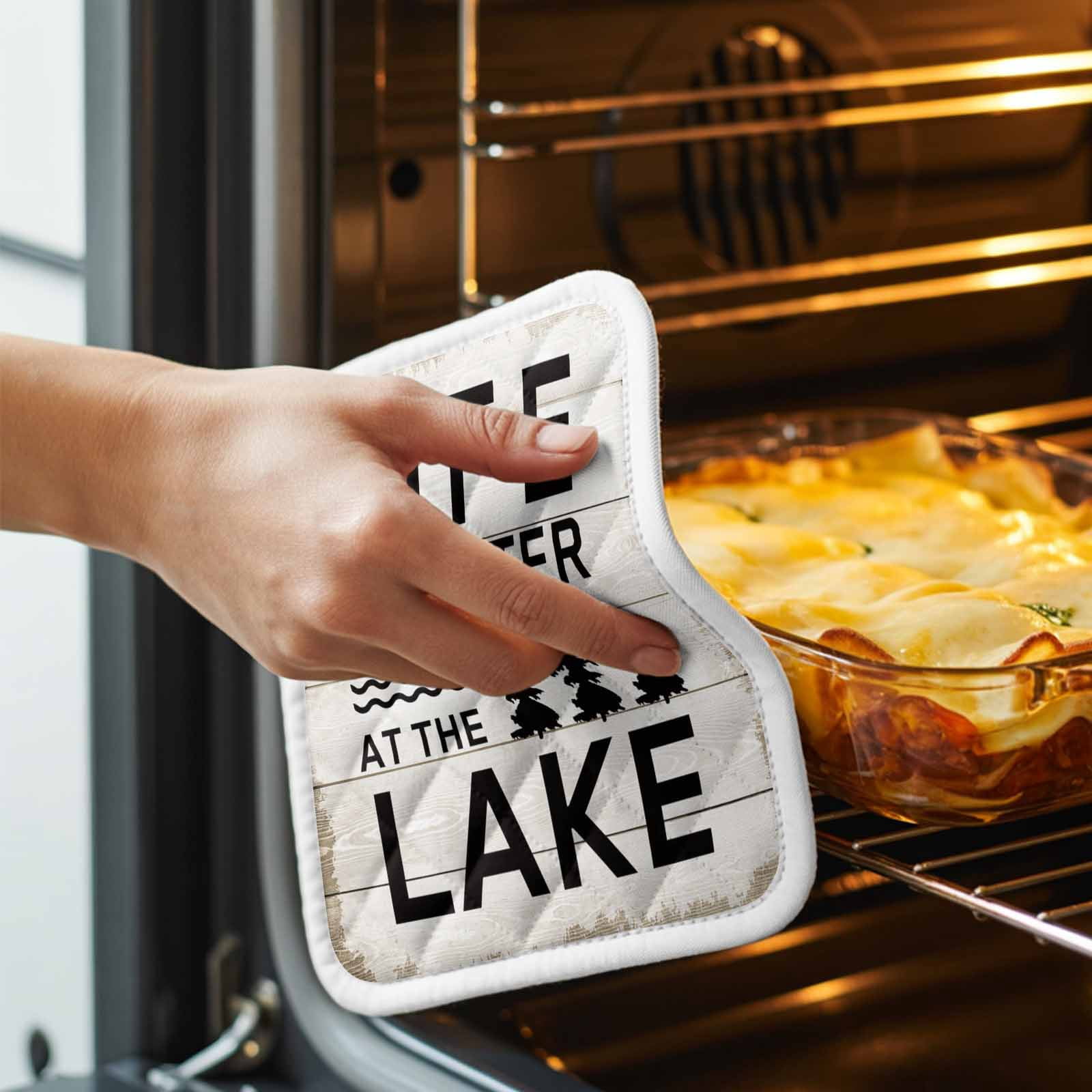 Life Is Better at The Lake Pot Holders for Kitchen Heatproof Potholder, 5 Pack Rustic Black Artistic Aesthetics Hot Pads Multipurpose Oven Pads Cloth Potholders Trivet for Cooking Baking