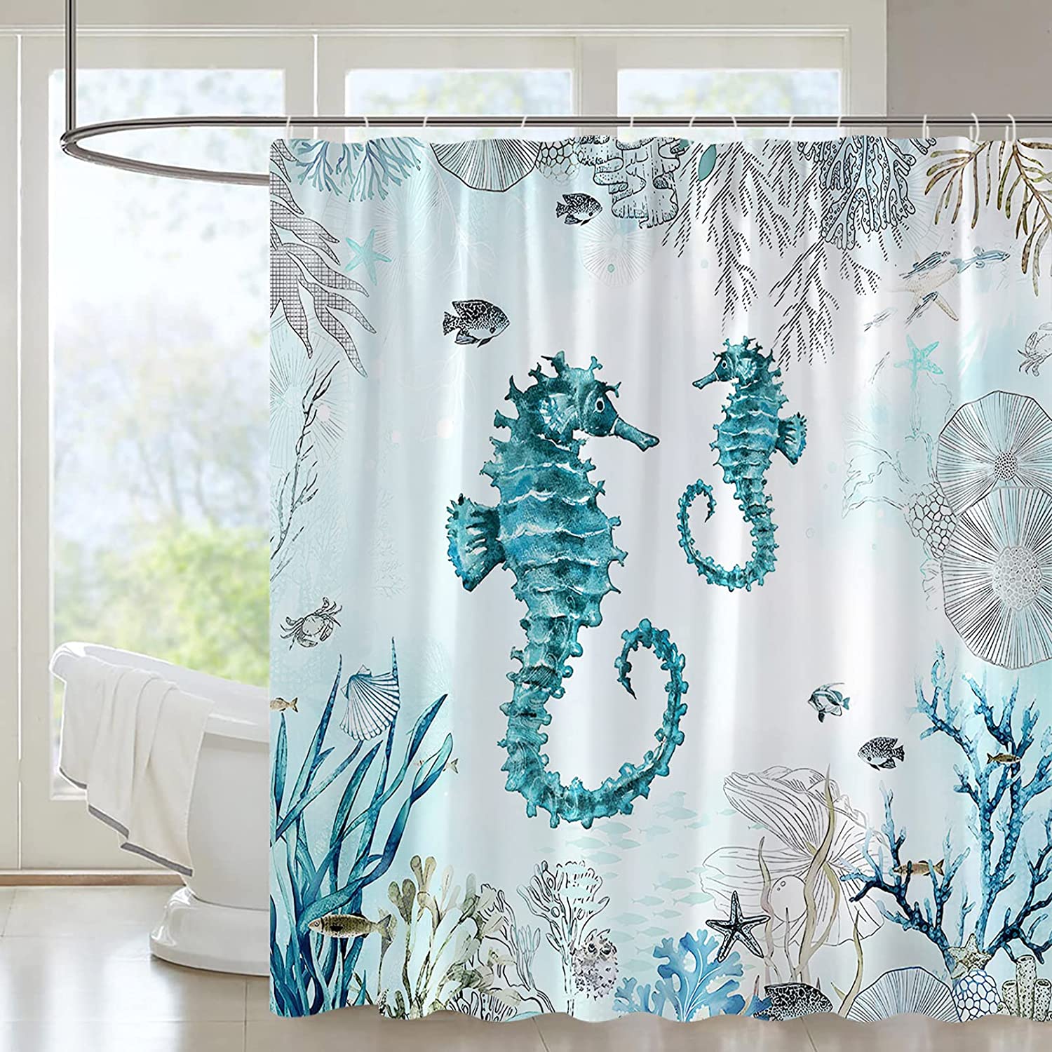 aoselan Seahorse Shower Curtain Teal Ocean Animal Starfish Seaweed